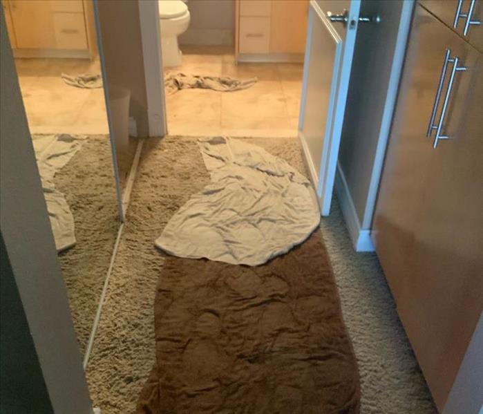Hallway floor covered in towels. 