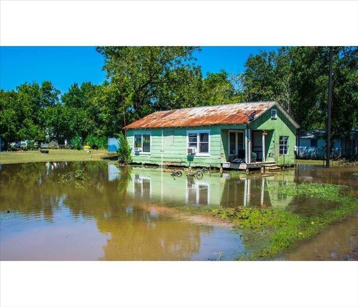 Green house surrounded by flooded water